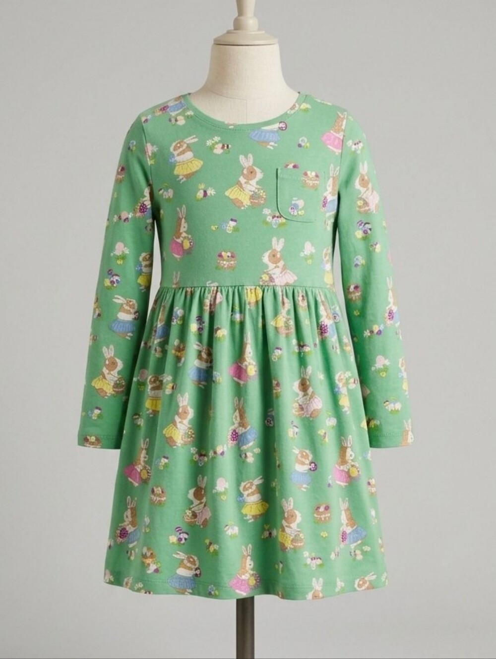 Mini Boden Green Guinea Pig Easter Bunny Cotton Long Sleeve Dress 8-9Y
